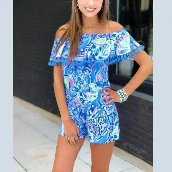 Lilly Pulitzer La Fortuna Blue Peri Pinch Romper Womens Off The Shoulder Sz 2XS - Picture 2 of 11